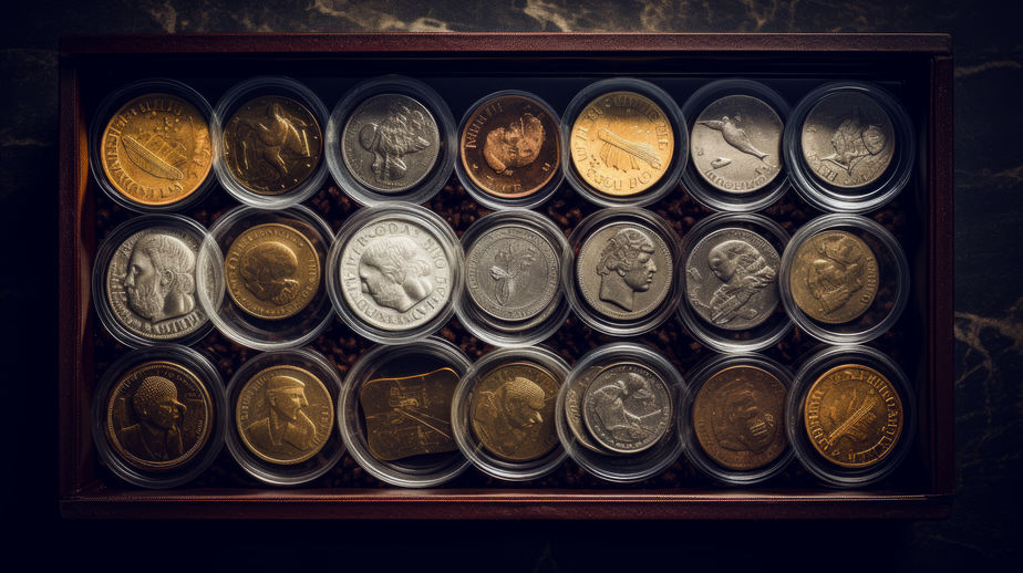 Ancient Greek or Roman gold coins. Old rare money. Valuable coin, civilization and history. Background photo.
