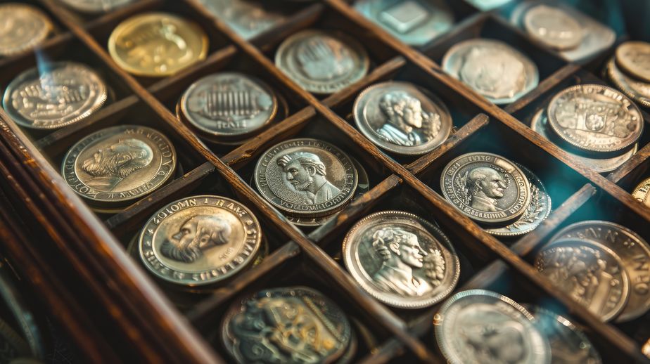 Collection of coin currency in wooden compartments
